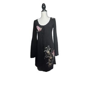 Vintage Havana Womens Black Cotton Embroidered Long Sleeve Dress Sz M Pre-Owned